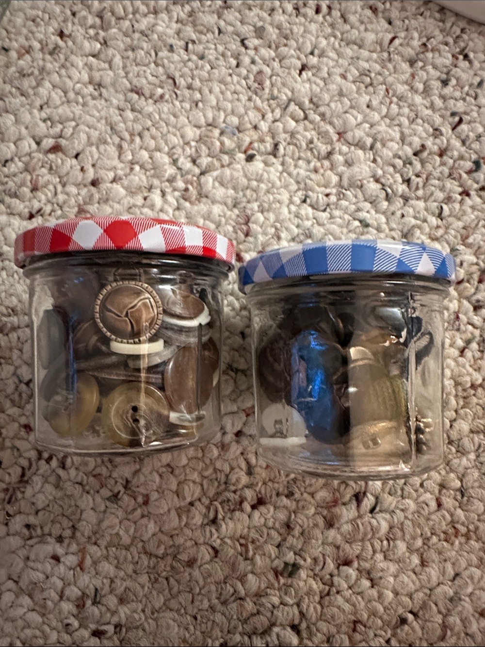 Set of Two Small Glass Jars with Red and Blue Checked Lids with vintage buttons